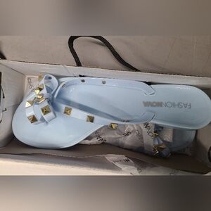 Fashion Nova Light Blue Studded Bow Jelly Sandals